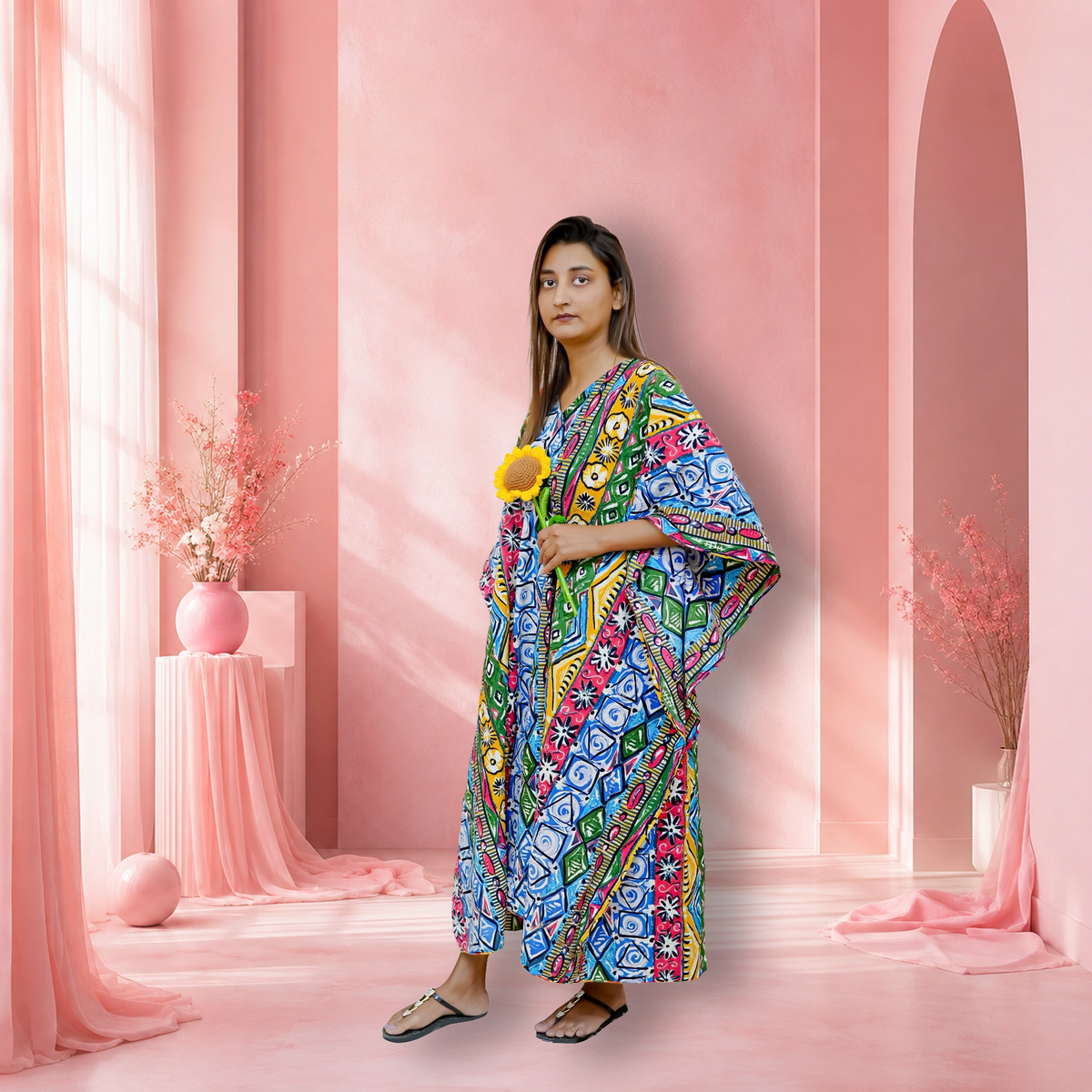 Night wear Cotton Lawn Kaftan-(Printed Random Printed Colors)