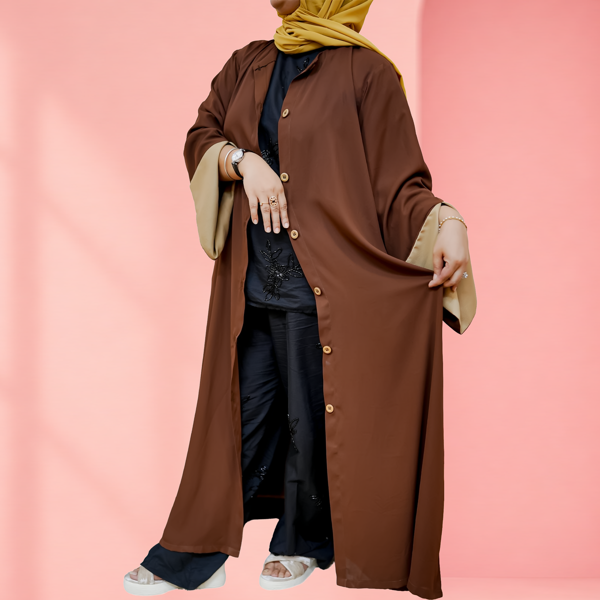 Abaya Double Georgette Wood Button Front Open - Random Colors