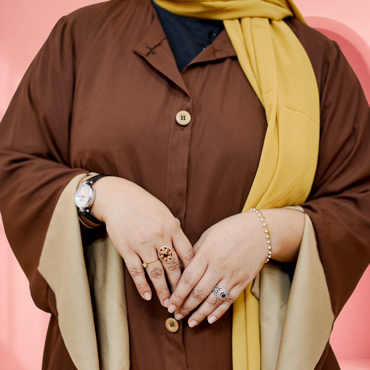 Abaya Double Georgette Wood Button Front Open - Random Colors