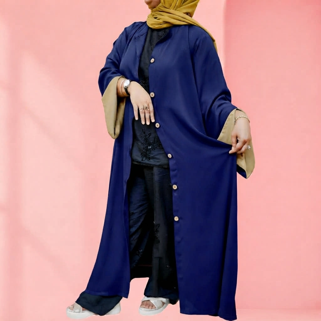 Abaya Double Georgette Wood Button Front Open - Random Colors