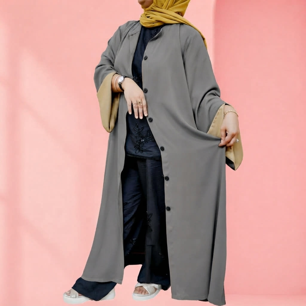 Abaya Double Georgette Wood Button Front Open - Random Colors