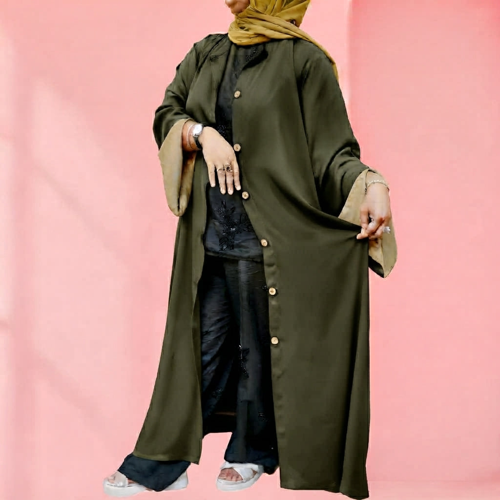 Abaya Double Georgette Wood Button Front Open - Random Colors